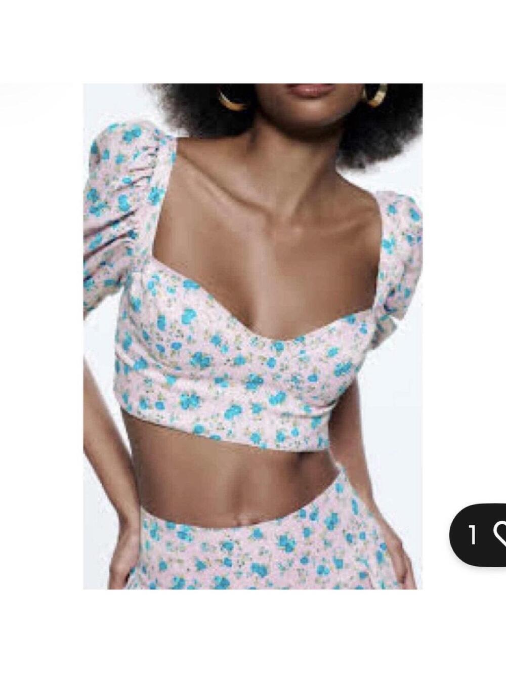 Zara milkmaid cottagecore FLORAL PRINT CORSET TOP w Puff Sleeves Size M